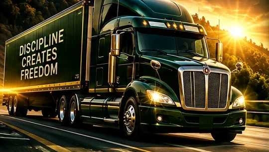 A green semi truck on the highway at sunrise with 'Discipline Creates Freedom' on the trailer