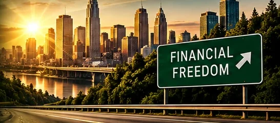 Highway sign reading 'Financial Freedom' in front of a city skyline at sunset
